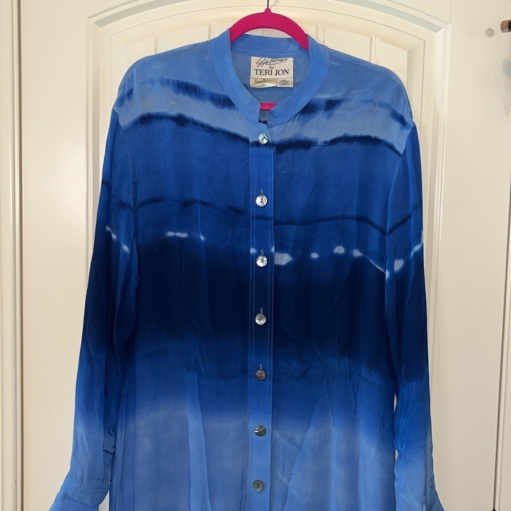 Rickie Freeman  Teri Jon Neiman Marcus long button down blue cover/shirtdress 14 - Picture 3 of 13